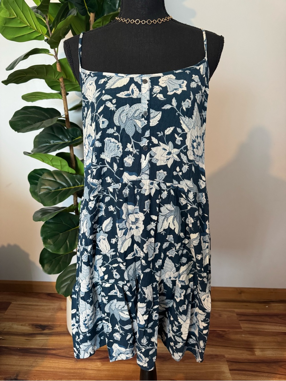 LOFT Navy and White Floral Spaghetti Strap Dress